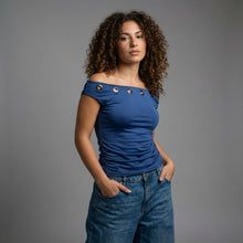 Load image into Gallery viewer, Basic Top With Metal Rings-Off Shoulder Neck-Indigo
