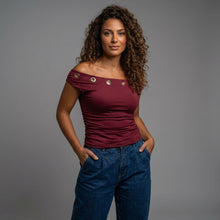 Load image into Gallery viewer, Basic Top-With Metal Rings-Off Shoulder-Burgundy
