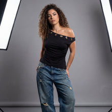 Load image into Gallery viewer, Basic Top With Metal Rings-Off Shoulder Neck-Black

