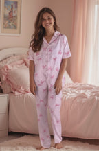 Load and play video in Gallery viewer, Women's SATIN  Pyjamas-Pink Bows (Size:S.M.L.XL)

