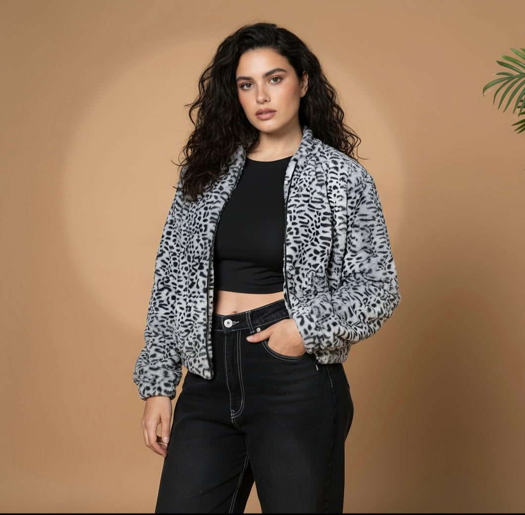 Women's Fur Leopard Jacket -Black & Grey (Size S-M-L)- BLACK FRIDAY OFFER