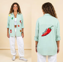Load image into Gallery viewer, Stripey 100% Cotton EMBROIDERED Shirt-Mexico-GREEN
